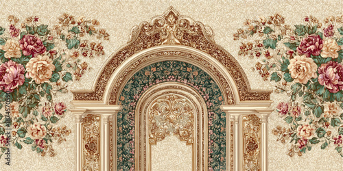 A beautiful vintage-style wallpaper featuring an ornate arch design surrounded by intricate floral patterns in warm colors.