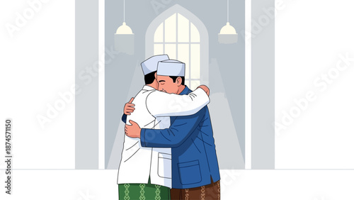 This flat design vector illustration portrays two Muslim men sharing a heartfelt embrace after Eid prayers, symbolizing forgiveness and brotherhood