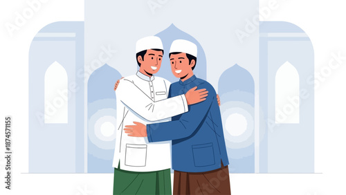 This flat design vector illustration portrays two Muslim men sharing a heartfelt embrace after Eid prayers, symbolizing forgiveness and brotherhood