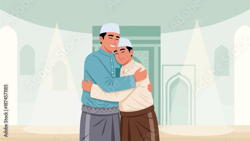This flat design vector illustration portrays two Muslim men sharing a heartfelt embrace after Eid prayers, symbolizing forgiveness and brotherhood