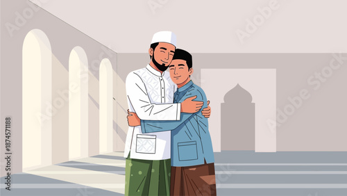 This flat design vector illustration portrays two Muslim men sharing a heartfelt embrace after Eid prayers, symbolizing forgiveness and brotherhood