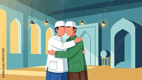 This flat design vector illustration portrays two Muslim men sharing a heartfelt embrace after Eid prayers, symbolizing forgiveness and brotherhood