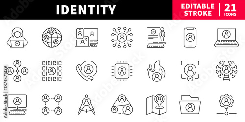 Identity editable line icons set. profile and personal symbols