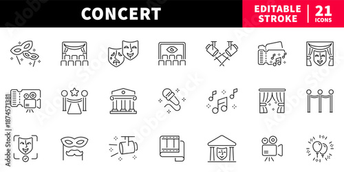Concert editable line icons set: music and performance symbols