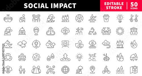 Social impact editable line icons set. community and environment symbols