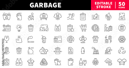Waste management editable line icons set. recycling and garbage symbols