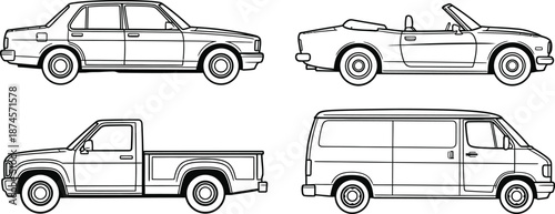 Line art vector set of 4 classic car outlines sedan convertible pickup truck and van side view