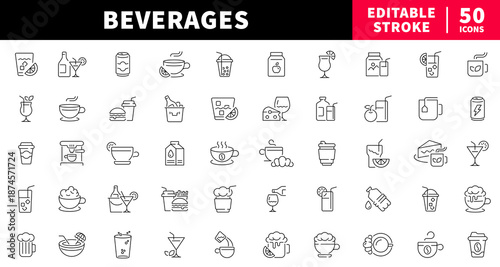 Beverages editable line icons set. drink and refreshment symbols