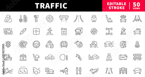 Traffic editable line icons set: road and transport symbols