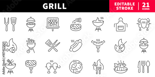 Grill essentials editable line icons set. barbecue and cookout design