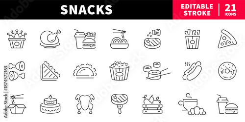 Food and snacks editable line icons set. delicious meal symbols