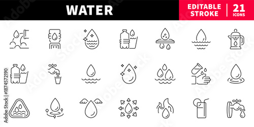 Water editable line icons set: hydration and fluid symbols in outline style