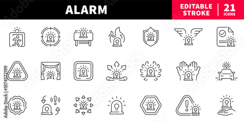 Alarm editable line icons set. alert and safety symbols