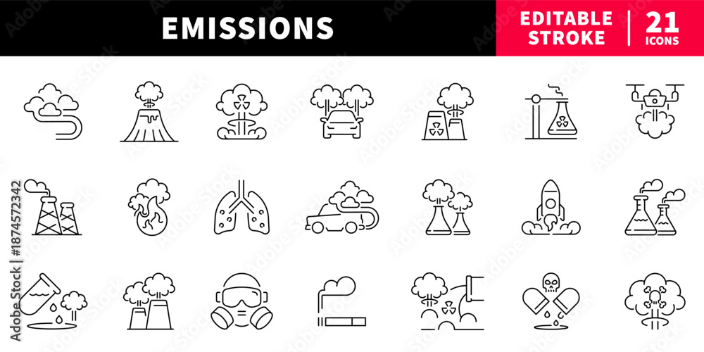 Fototapeta premium Emissions editable line icons set: pollution and eco symbols collection