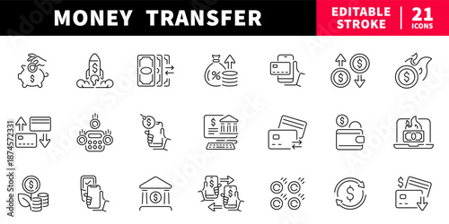 Money transfer editable line icons set. banking and finance symbols