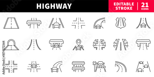 Highway and road editable line icons set. traffic and route symbols