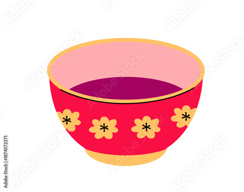 Traditional Chinese tea cup with floral pattern in red and gold colors. Flat vector illustration used for tea ceremony, Lunar New Year, or festive decoration.