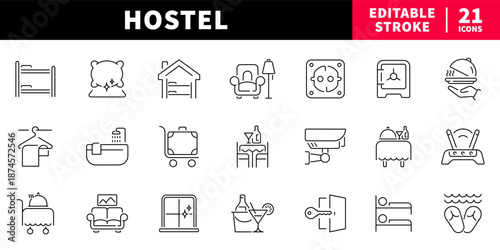 Hostel editable line icons set. accommodation and travel symbols