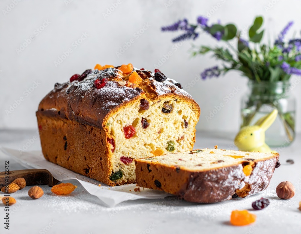 Fototapeta premium Delicious homemade sweet fruit bread, generously dusted with powdered sugar, beautifully sliced to show colorful dried fruits and nuts, perfect for a festive holiday celebration