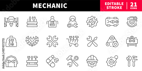 Mechanic editable line icons set. repair and maintenance tools