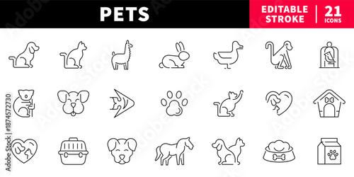 Pets editable line icons set: outline style. animal, domestic, wildlife symbols