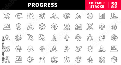 Progress editable line icons set. growth, achievement symbols