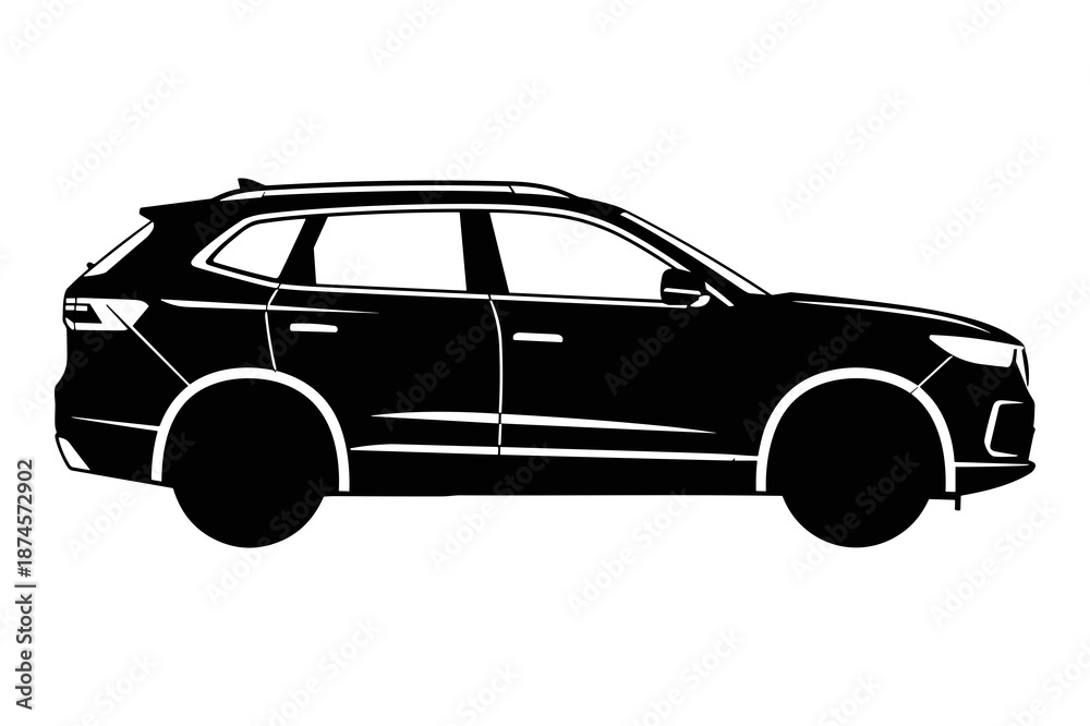 Fototapeta premium Sleek black modern sport utility vehicle shown in profile illustration against a white background, perfect for automotive design or car graphics inspiration.
