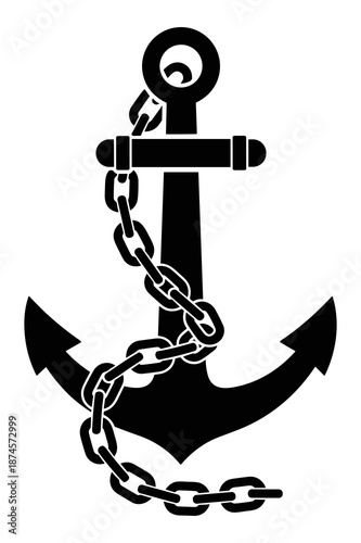 Solid black nautical anchor symbol design featuring a heavy duty chain intricately wrapped around the shank and fluke for maritime security and traditional seafaring iconography.