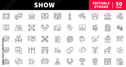 Entertainment editable line icons set. show and performance symbols