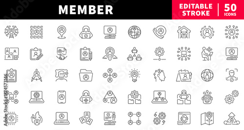 Membership and teamwork editable line icons set. organization and group visuals
