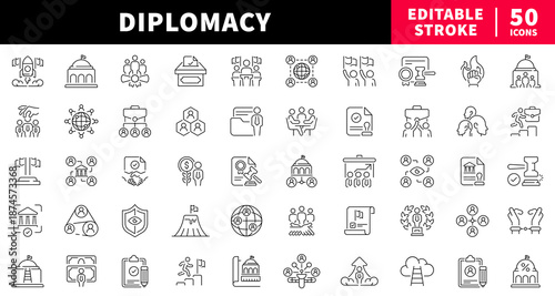 Diplomacy editable line icons set. linear and negotiation symbols