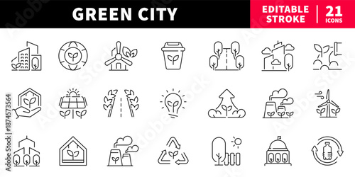 Green city editable line icons set. eco and sustainable symbols
