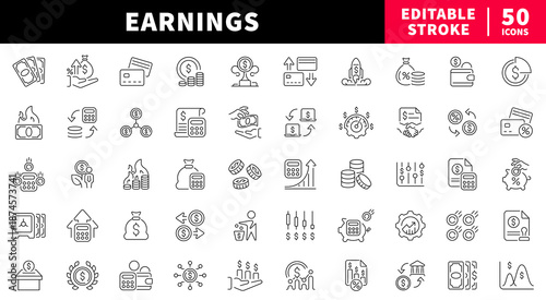 Earnings editable line icons set. Money, Income and finance symbols