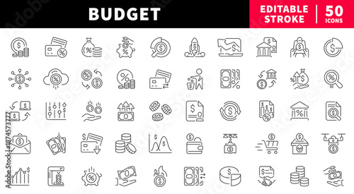 Budget editable line icons set. Money and finance symbols