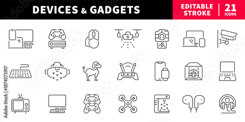 Devices and gadgets editable line icons set. tech and electronics symbols