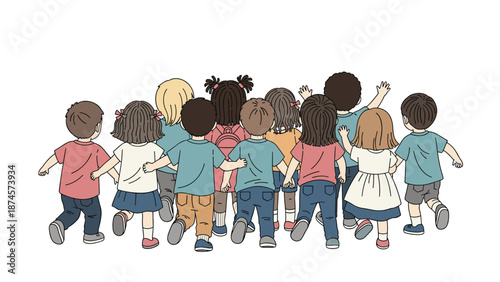 Large group of diverse small children in colorful clothing are standing side by side in a long row viewed from the back on a white background.