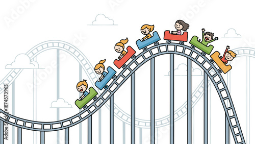Exciting illustration shows happy children riding a colorful roller coaster on a high track with white clouds in the light grey background.