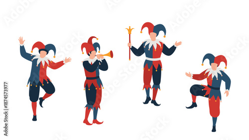Set of four jesters in traditional red and blue festive costumes perform different playful poses on a simple white background.