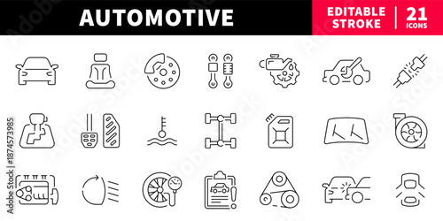 Automotive editable line icons set. car and vehicle symbols