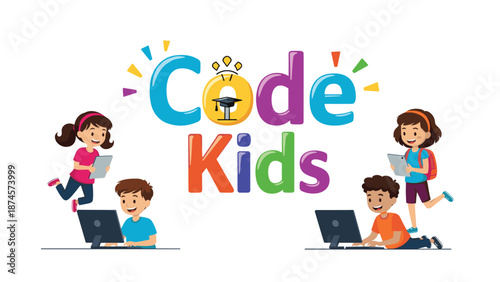 Educational Code Kids logo features diverse children learning programming on laptops and tablets with colorful typography and icons.