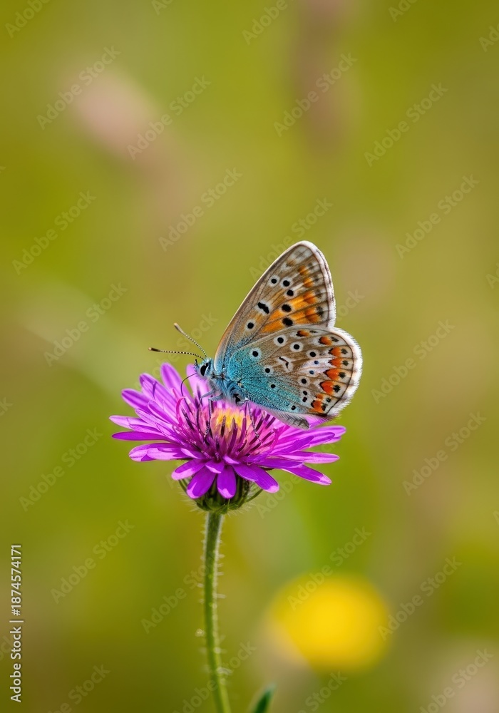 Obraz premium Vibrant butterfly resting on a purple wildflower in a sunny meadow, capturing the essence of summer nature and fragile beauty, bloom, lepidoptera, spring