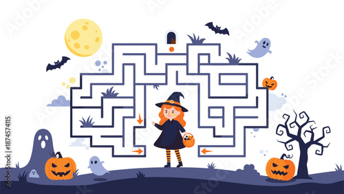 Fun Halloween maze for children features a young witch, spooky ghosts, carved pumpkins, and bats under a full moon in a purple graveyard.