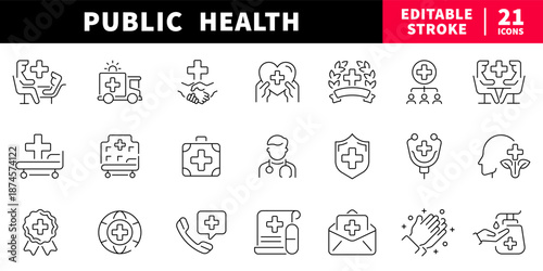 Public health editable line icons set. medical and wellness symbols