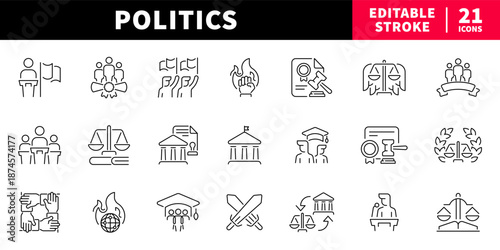 Politics editable line icons set. government and leadership symbols
