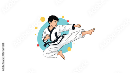 Young boy in a white martial arts uniform performs a powerful flying kick against a background of colorful circles, demonstrating his skill.