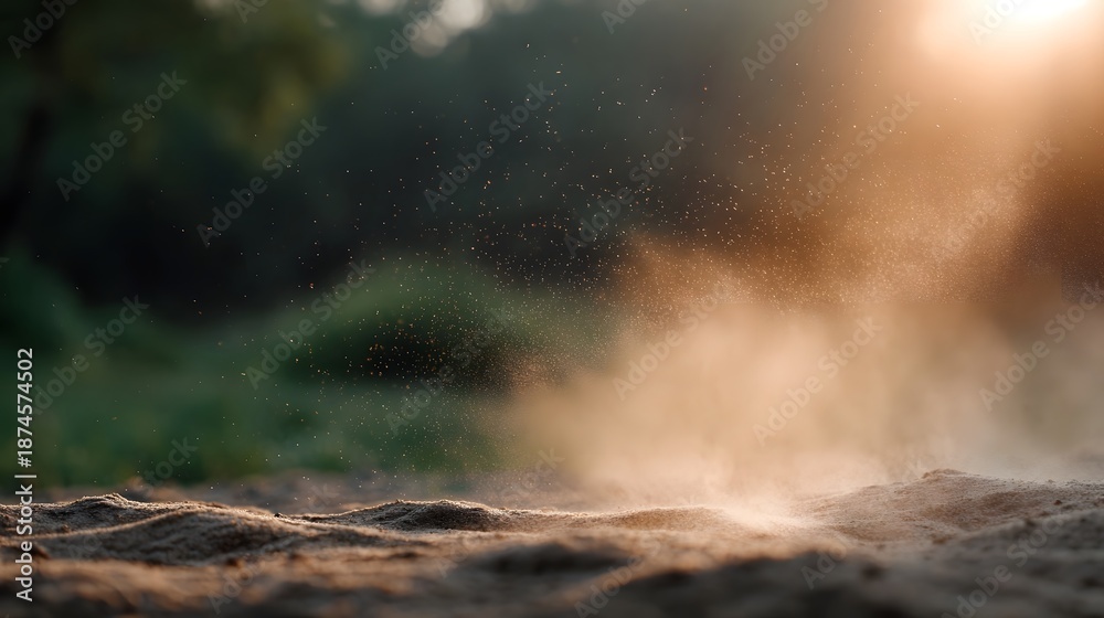 Obraz premium Golden dust particles swirl in warm sunlight over a textured ground illuminated by a gentle breeze