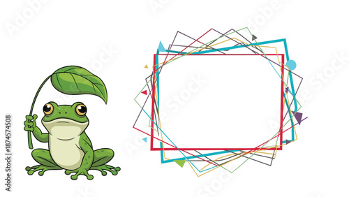 Green tree frog holds a large leaf like an umbrella while standing next to a bright abstract geometric frame on a clean white background.