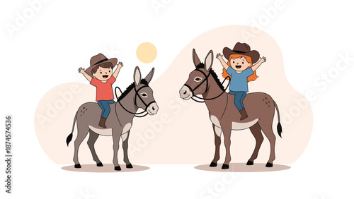 Happy young boy and girl wearing cowboy hats and waving while riding friendly grey donkeys under a yellow sun in a minimalist landscape.