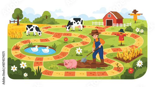 Colorful farm board game map for children features a winding path through fields with cows, pigs, ducks, a farmer, and two scarecrows.