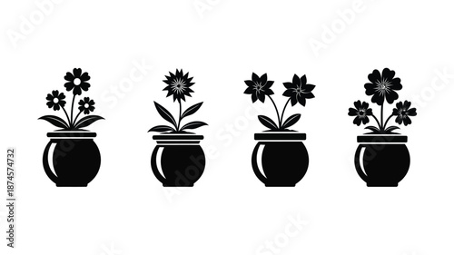 A series of potted flowers in a minimalist black silhouette